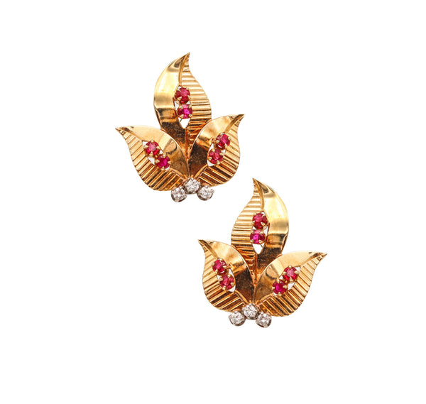 -Tiffany Co. 1950 Retro Modern Earrings In 14Kt Gold With Rubies And Diamonds