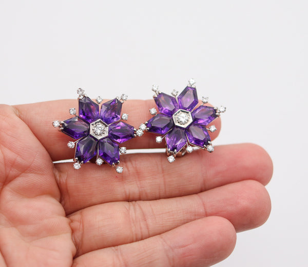 OSCAR HEYMAN 1935 Art-Deco Platinum Clips-Earrings With Amethysts & Diamonds