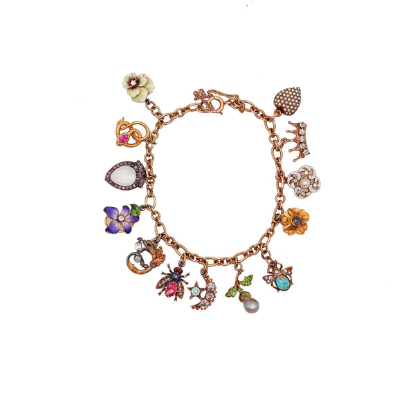 -Art Nouveau 1910 Charms Bracelet In 14Kt Gold With Gemstones And Enamel