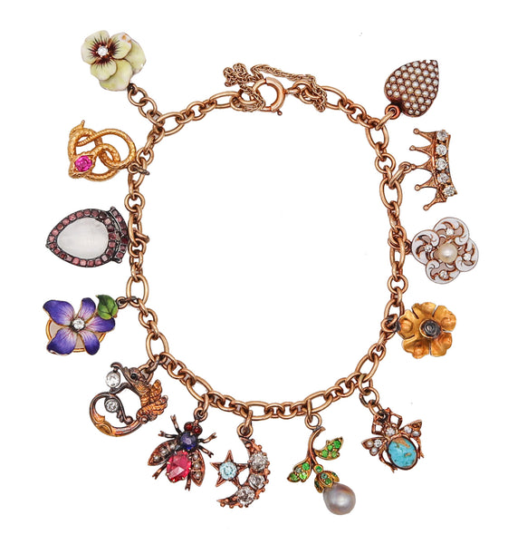 -Art Nouveau 1910 Charms Bracelet In 14Kt Gold With Gemstones And Enamel