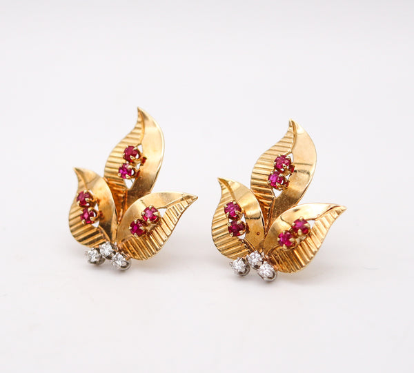 -Tiffany Co. 1950 Retro Modern Earrings In 14Kt Gold With Rubies And Diamonds