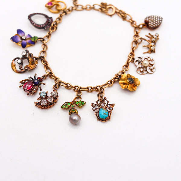 -Art Nouveau 1910 Charms Bracelet In 14Kt Gold With Gemstones And Enamel