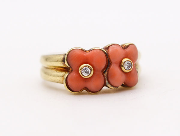 -Van Cleef & Arpels 1970 Coral Flower Rings In 18Kt Yellow Gold With Diamonds