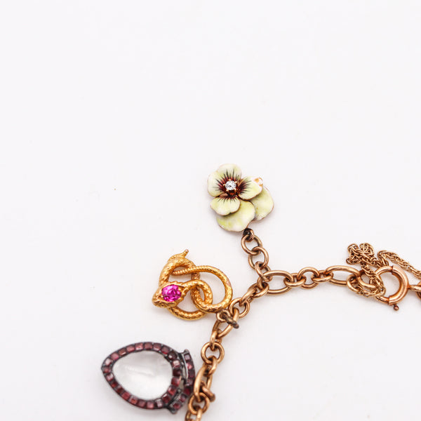 -Art Nouveau 1910 Charms Bracelet In 14Kt Gold With Gemstones And Enamel