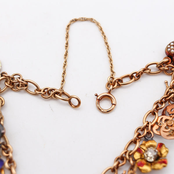 -Art Nouveau 1910 Charms Bracelet In 14Kt Gold With Gemstones And Enamel