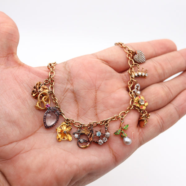 -Art Nouveau 1910 Charms Bracelet In 14Kt Gold With Gemstones And Enamel