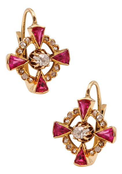 -French 1905 Edwardian Earrings In 18Kt Gold With Diamonds And Red Rubies