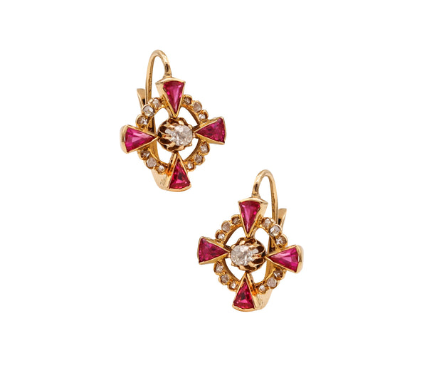 -French 1905 Edwardian Earrings In 18Kt Gold With Diamonds And Red Rubies