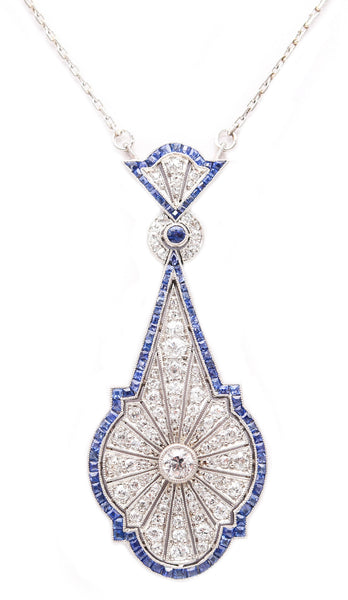 ART-DECO 1920 Antique Necklace In Platinum With Blue Sapphires & Diamonds