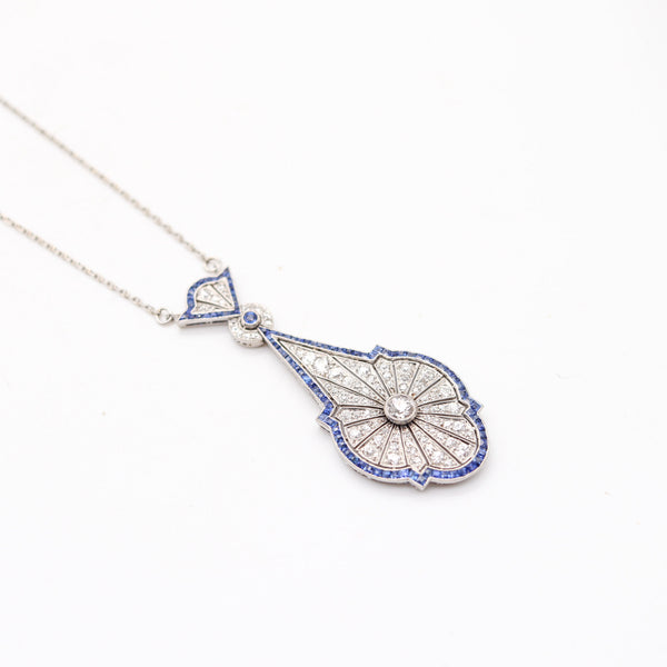ART-DECO 1920 Antique Necklace In Platinum With Blue Sapphires & Diamonds