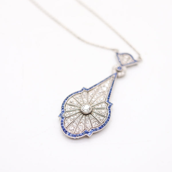 ART-DECO 1920 Antique Necklace In Platinum With Blue Sapphires & Diamonds