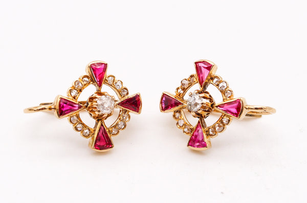 -French 1905 Edwardian Earrings In 18Kt Gold With Diamonds And Red Rubies