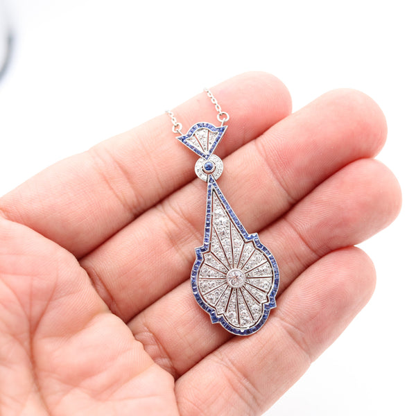 ART-DECO 1920 Antique Necklace In Platinum With Blue Sapphires & Diamonds