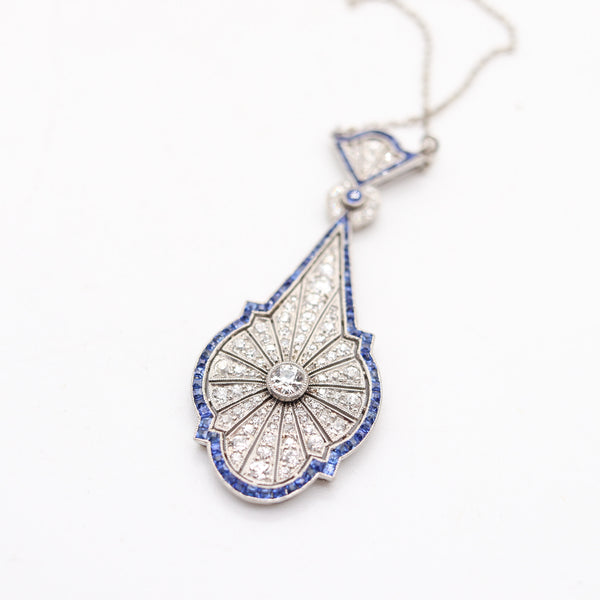 ART-DECO 1920 Antique Necklace In Platinum With Blue Sapphires & Diamonds