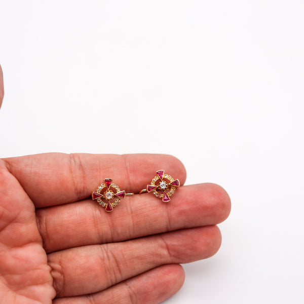 -French 1905 Edwardian Earrings In 18Kt Gold With Diamonds And Red Rubies