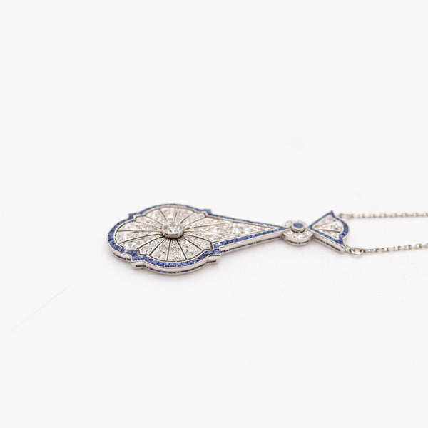 ART-DECO 1920 Antique Necklace In Platinum With Blue Sapphires & Diamonds