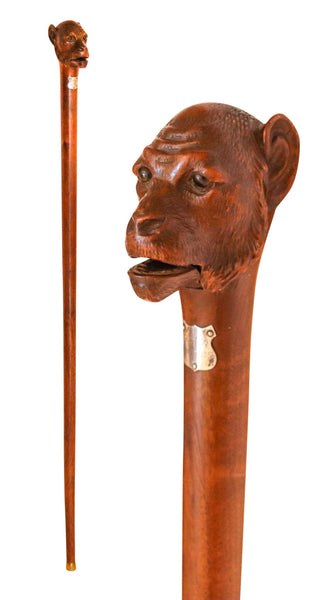 ART-DECO 1930 Monkey Shaped Cane In Carved Wood With Movable Mouth