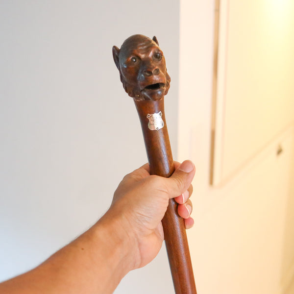 ART-DECO 1930 Monkey Shaped Cane In Carved Wood With Movable Mouth
