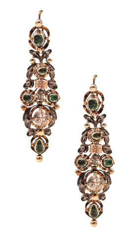 -Spanish Colonial 1785 Dangle Earrings In 17Kt Gold And Silver With Diamonds And Emeralds