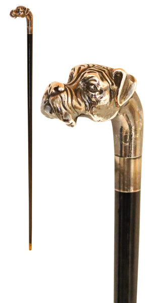 EDWARDIAN 1900 Dog Shaped Cane In Ebonized Black Wood & Sterling Silver