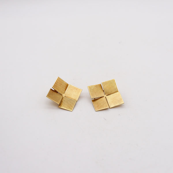 -Italian 1970 Geometric Squares Clip on Earrings In Solid 18Kt Yellow Gold