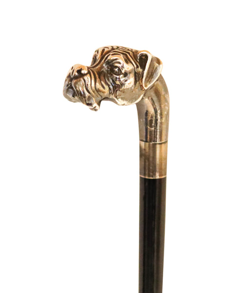 EDWARDIAN 1900 Dog Shaped Cane In Ebonized Black Wood & Sterling Silver