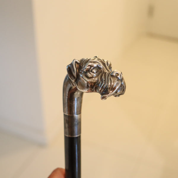 EDWARDIAN 1900 Dog Shaped Cane In Ebonized Black Wood & Sterling Silver