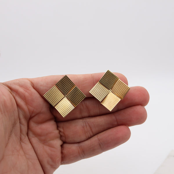 -Italian 1970 Geometric Squares Clip on Earrings In Solid 18Kt Yellow Gold
