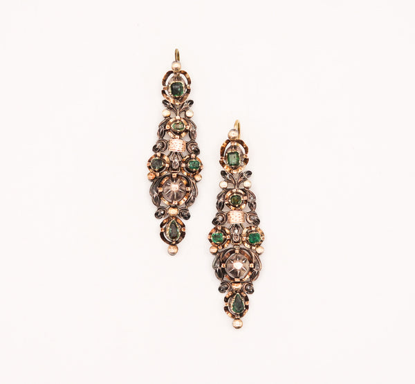 -Spanish Colonial 1785 Dangle Earrings In 17Kt Gold And Silver With Diamonds And Emeralds