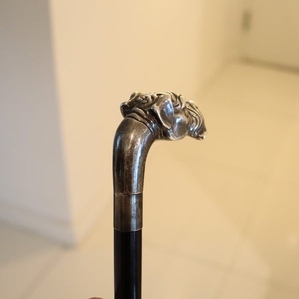 EDWARDIAN 1900 Dog Shaped Cane In Ebonized Black Wood & Sterling Silver