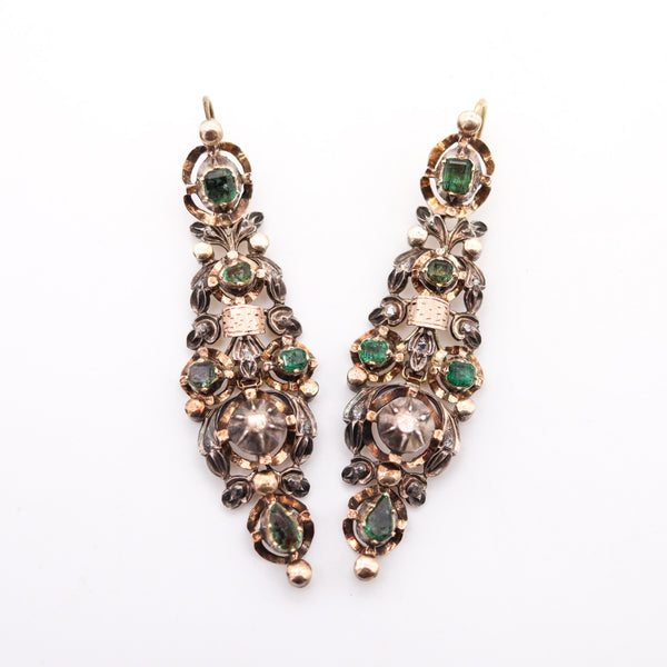 -Spanish Colonial 1785 Dangle Earrings In 17Kt Gold And Silver With Diamonds And Emeralds