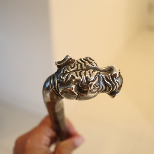 EDWARDIAN 1900 Dog Shaped Cane In Ebonized Black Wood & Sterling Silver
