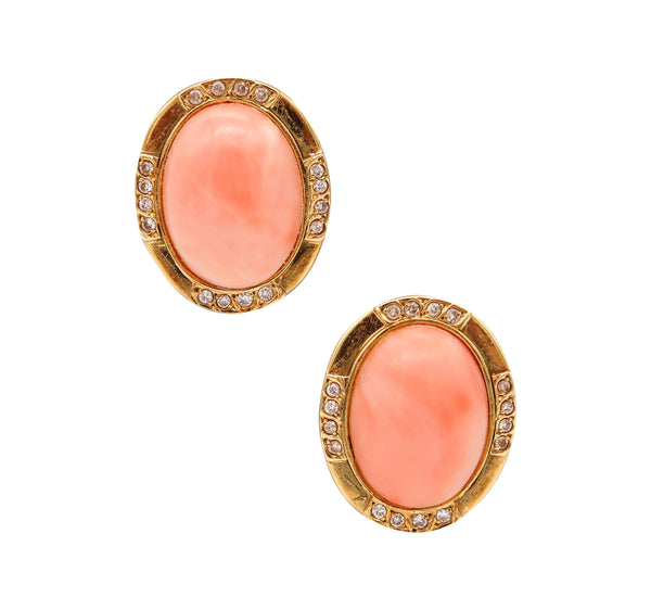 ITALIAN 1970 Modernist Clips Earrings In 18Kt Yellow Gold With Diamonds And Corals