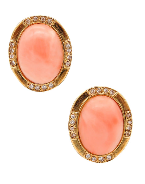 ITALIAN 1970 Modernist Clips Earrings In 18Kt Yellow Gold With Diamonds And Corals