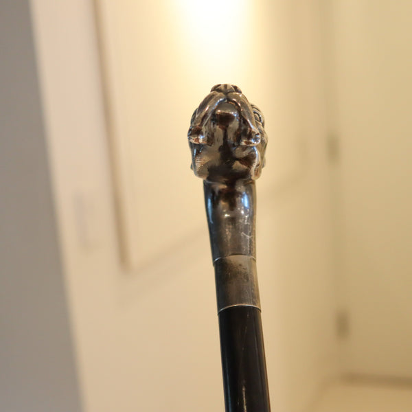 EDWARDIAN 1900 Dog Shaped Cane In Ebonized Black Wood & Sterling Silver