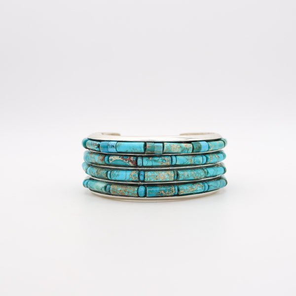 -Native American 1970 Cuff Bracelet In .925 Sterling Silver With Turquoises