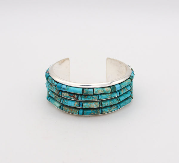 -Native American 1970 Cuff Bracelet In .925 Sterling Silver With Turquoises
