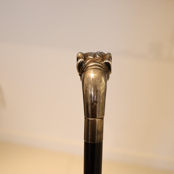 EDWARDIAN 1900 Dog Shaped Cane In Ebonized Black Wood & Sterling Silver