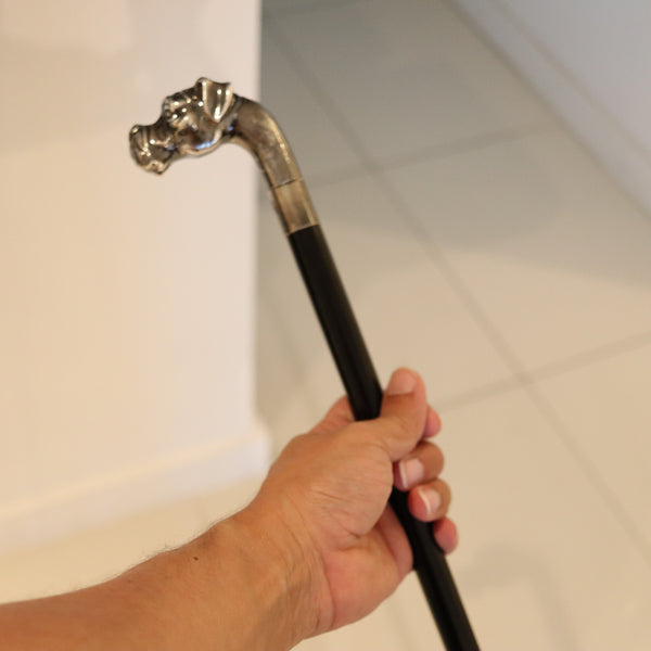 EDWARDIAN 1900 Dog Shaped Cane In Ebonized Black Wood & Sterling Silver