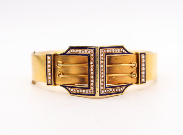 -Victorian 1870 Etruscan Revival Geometric Bracelet In 16K With Enamel And Pearls