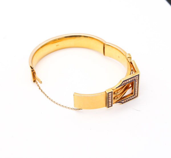 -Victorian 1870 Etruscan Revival Geometric Bracelet In 16K With Enamel And Pearls