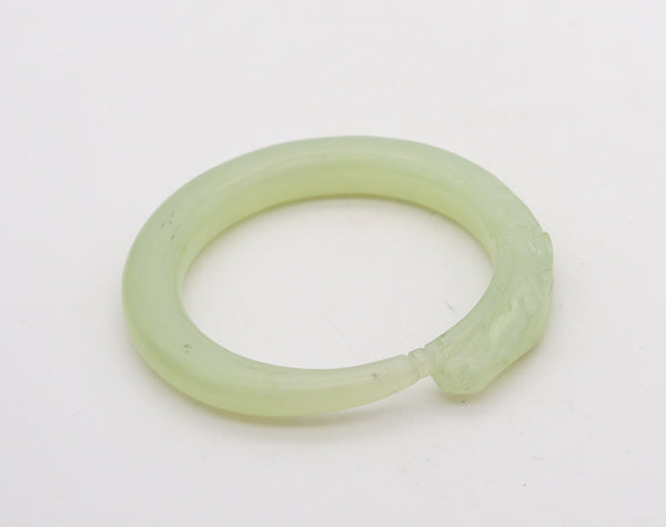 -China 1900 Qing Dynasty Green jade Bangle Bracelet With A Carved Horse
