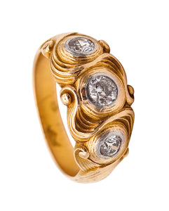 ART NOUVEAU 1900 Floriated Scrolls Ring In Sculpted 14Kt Yellow Gold And Diamonds