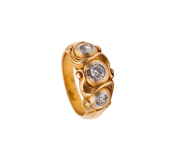 ART NOUVEAU 1900 Floriated Scrolls Ring In Sculpted 14Kt Yellow Gold And Diamonds