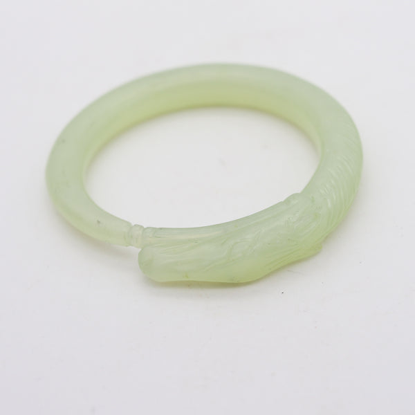 -China 1900 Qing Dynasty Green jade Bangle Bracelet With A Carved Horse