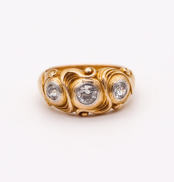 ART NOUVEAU 1900 Floriated Scrolls Ring In Sculpted 14Kt Yellow Gold And Diamonds