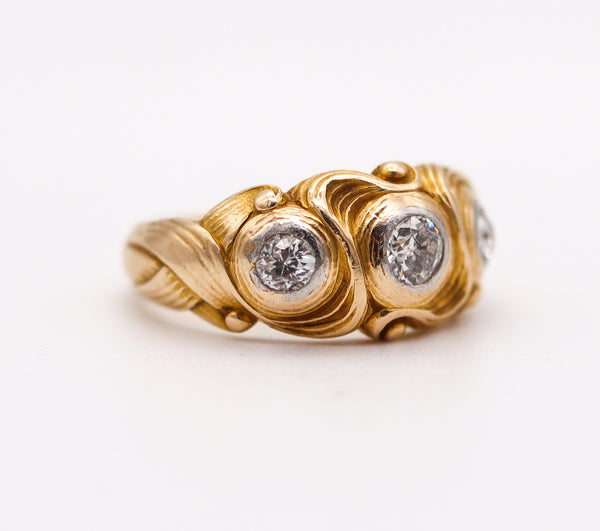 ART NOUVEAU 1900 Floriated Scrolls Ring In Sculpted 14Kt Yellow Gold And Diamonds