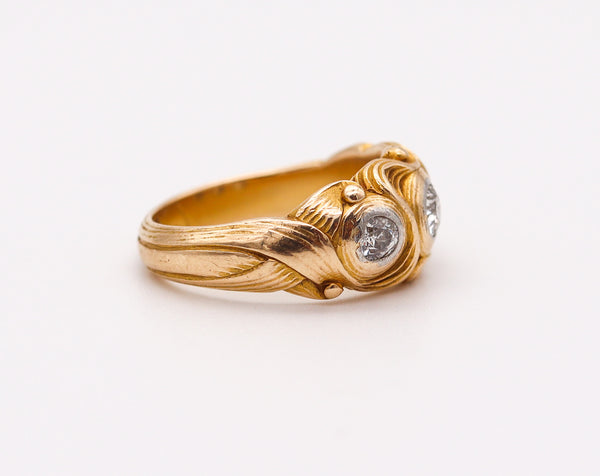 ART NOUVEAU 1900 Floriated Scrolls Ring In Sculpted 14Kt Yellow Gold And Diamonds