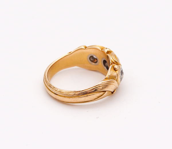 ART NOUVEAU 1900 Floriated Scrolls Ring In Sculpted 14Kt Yellow Gold And Diamonds