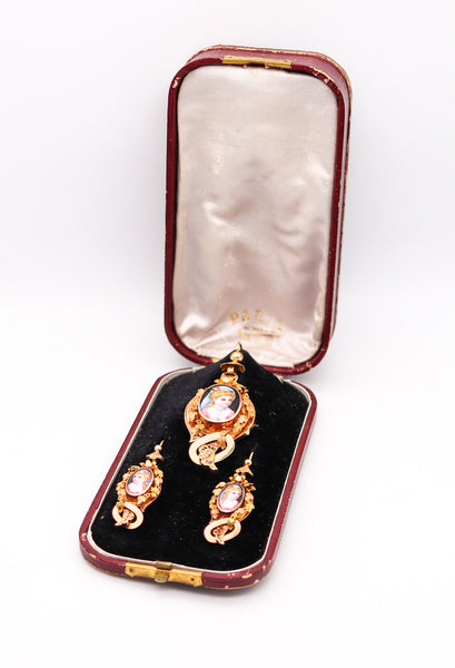 -French 1860 Convertible Parure Of Earrings And Pendant In 18Kt Gold With Limoge Enamels